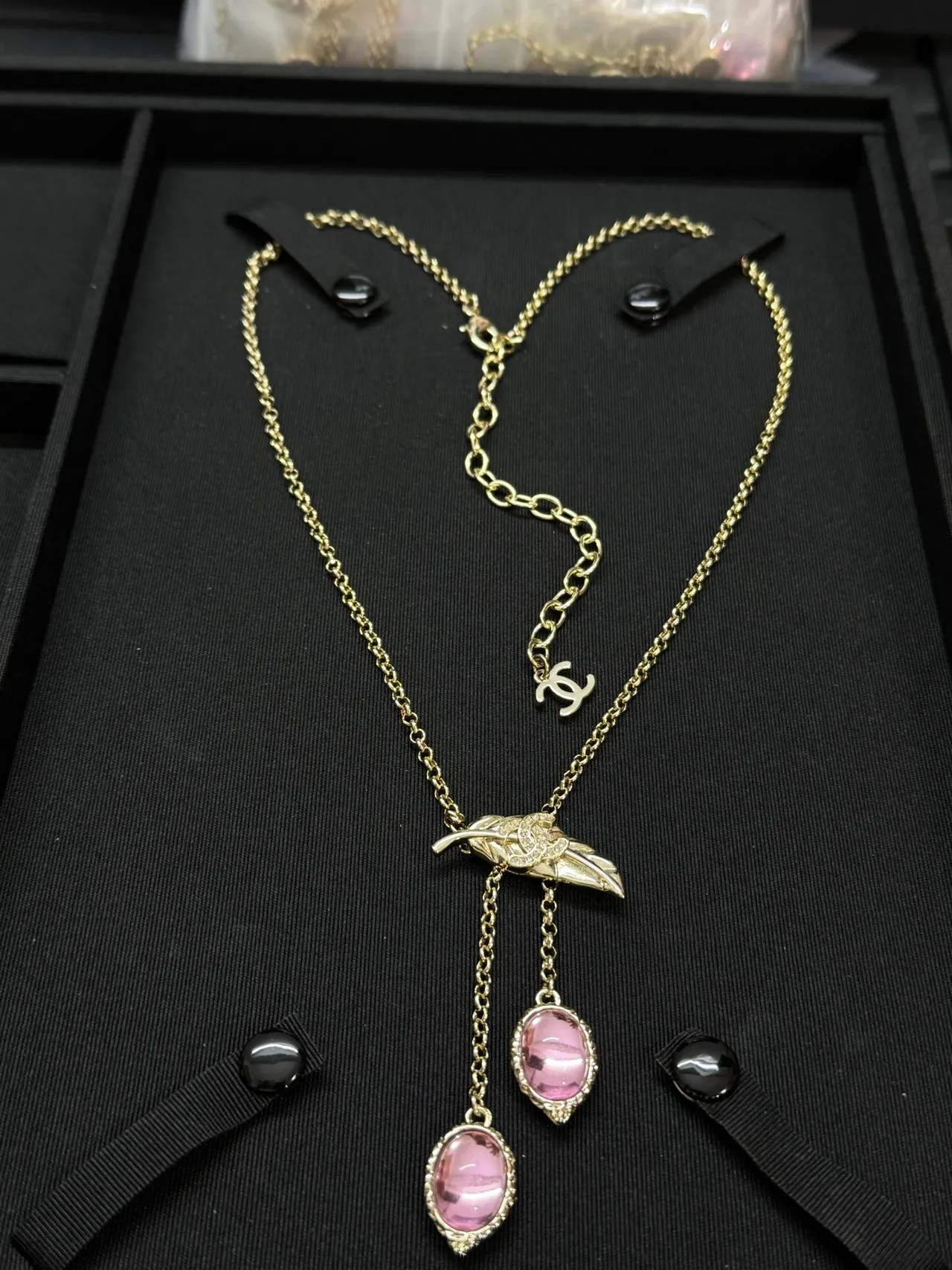 Chanel Feather Pendant Gold Pink Chain Necklace 5