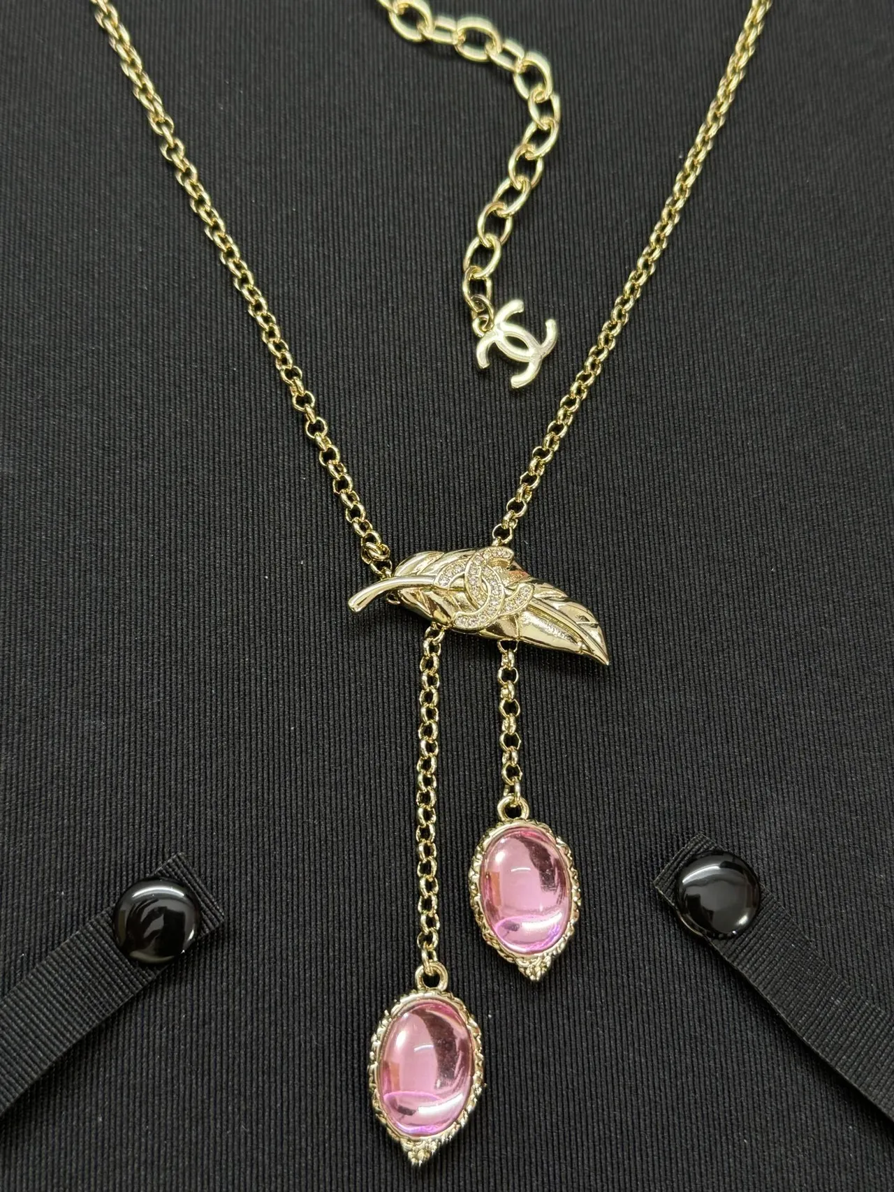 Chanel Feather Pendant Gold Pink Chain Necklace 6