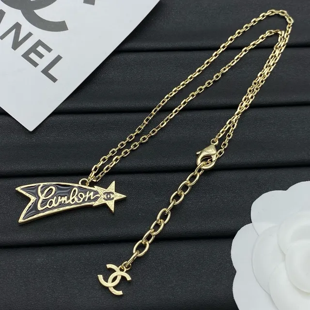 Chanel Chaîne Dorée Noire Chaîne Émaillée Ruban Pendentif Collier 3