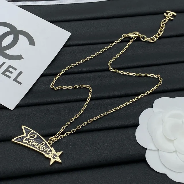 Chanel Chaîne Dorée Noire Chaîne Émaillée Ruban Pendentif Collier 4