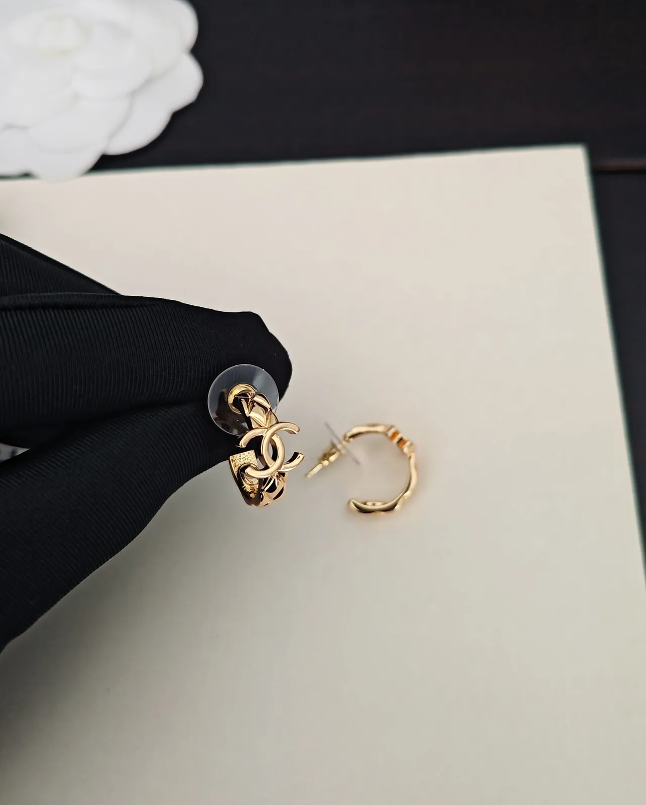 Chanel Gold Black Metal Interlocking CC Logo Earrings 4