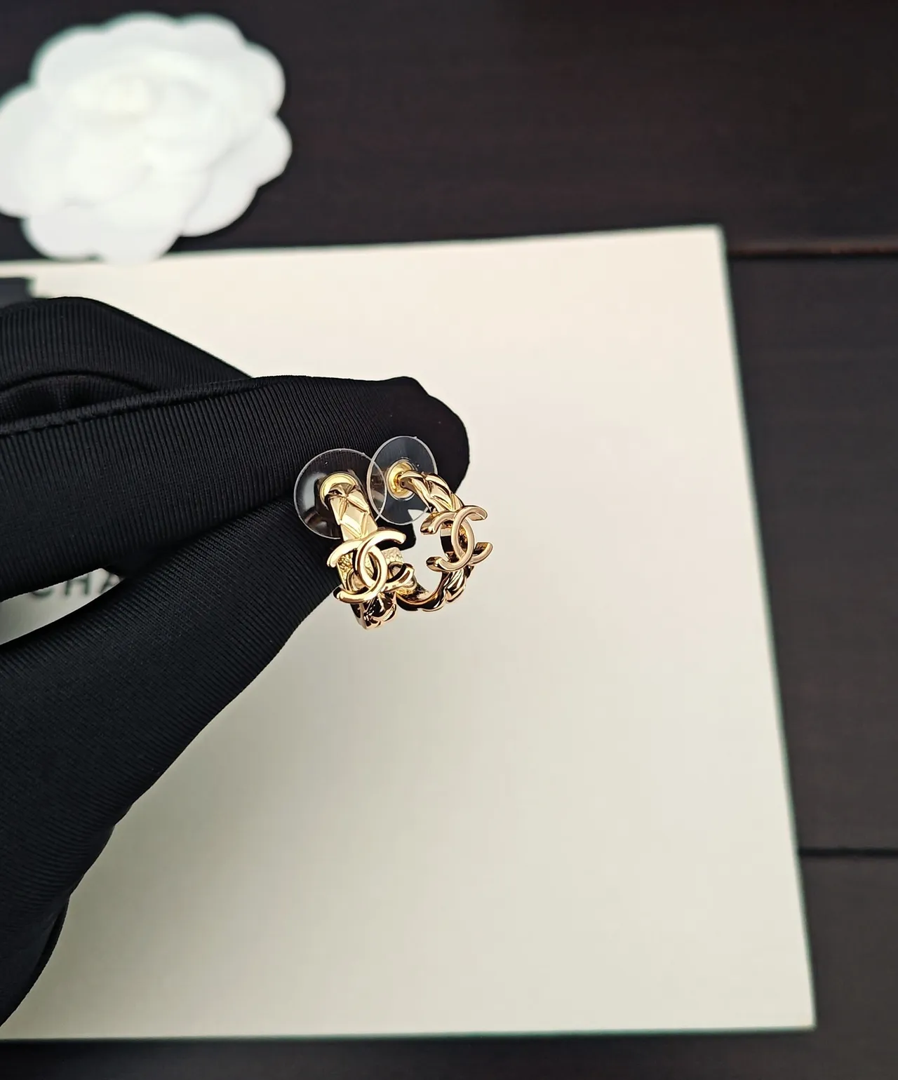 Chanel Gold Black Metal Interlocking CC Logo Earrings 5