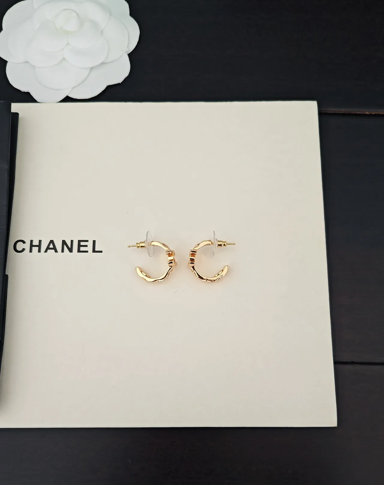 Chanel Gold Black Metal Interlocking CC Logo Earrings 6