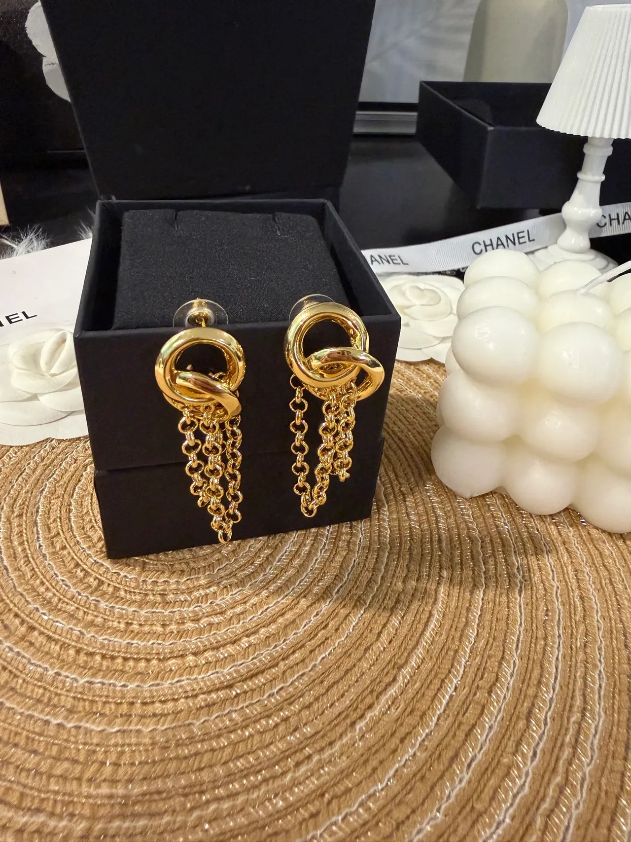 Chanel Gold Interlocking Double Rings Triple Chain Tassels Earrings 2