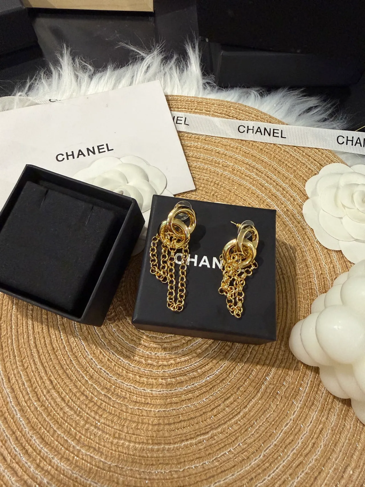 Chanel Gold Interlocking Double Rings Triple Chain Tassels Earrings 6