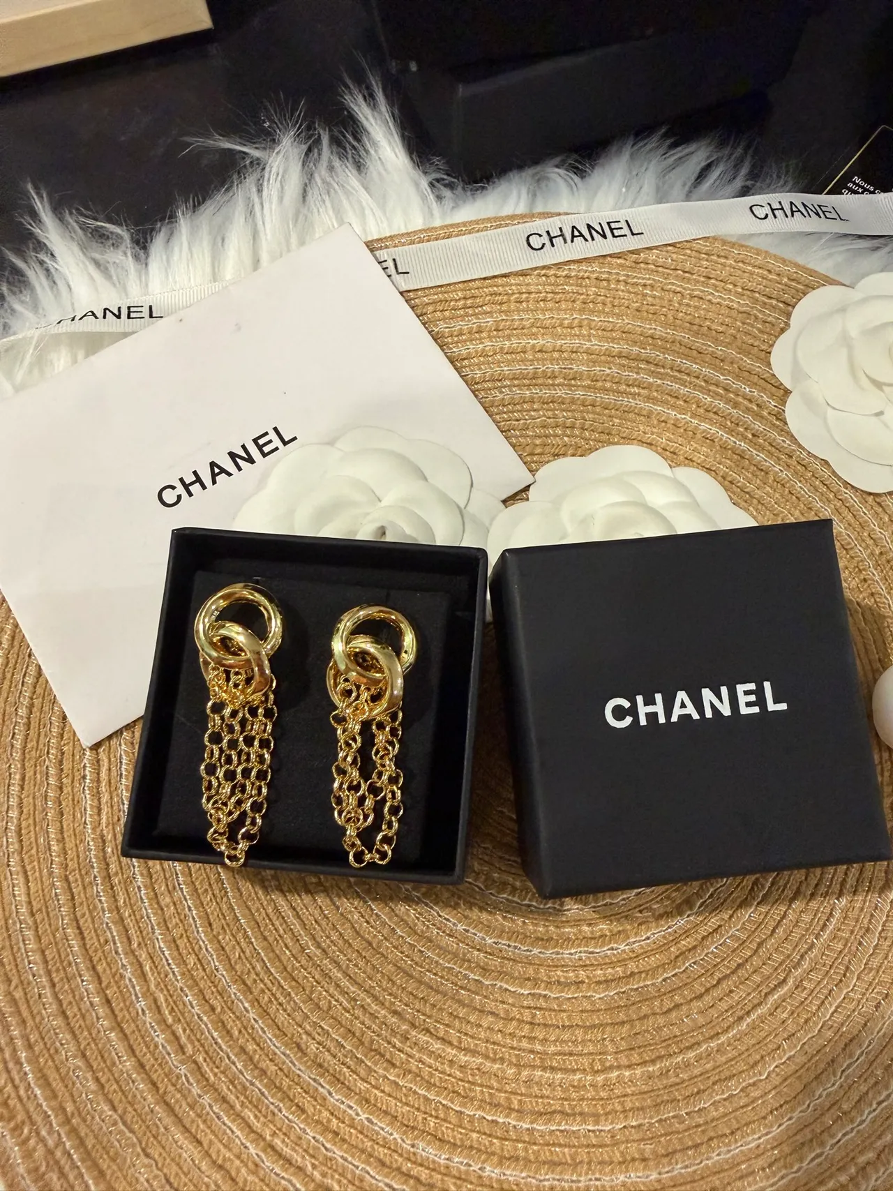 Chanel Gold Interlocking Double Rings Triple Chain Tassels Earrings 7