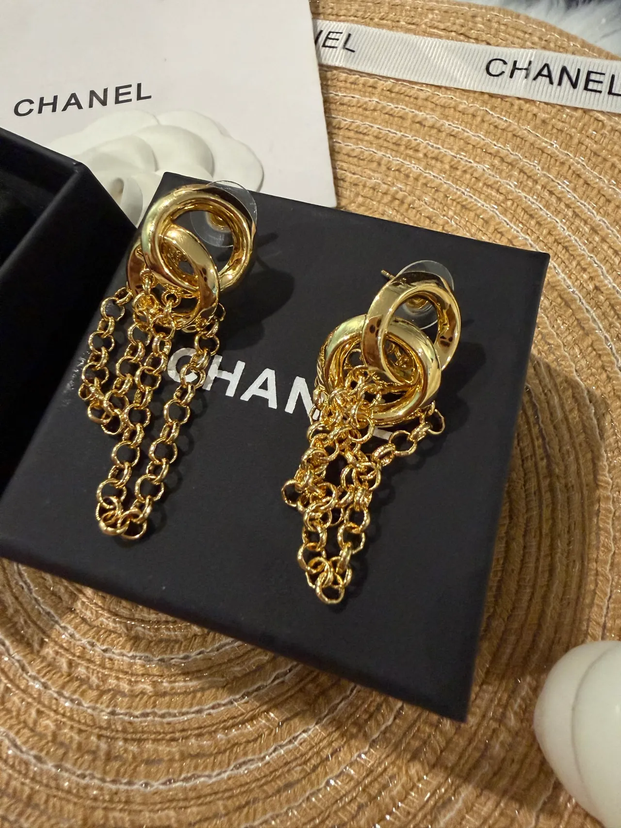 Chanel Gold Interlocking Double Rings Triple Chain Tassels Earrings 8