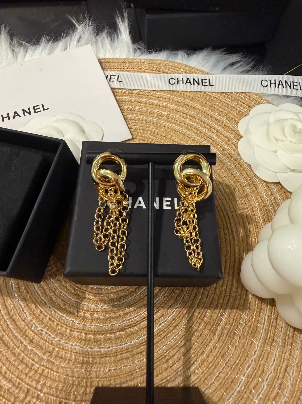 Chanel Gold Interlocking Double Rings Triple Chain Tassels Earrings 9