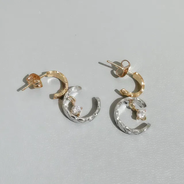 Chanel Gold Silver Quilted Matelassé Texture C-Shaped Hoop Earrings 3