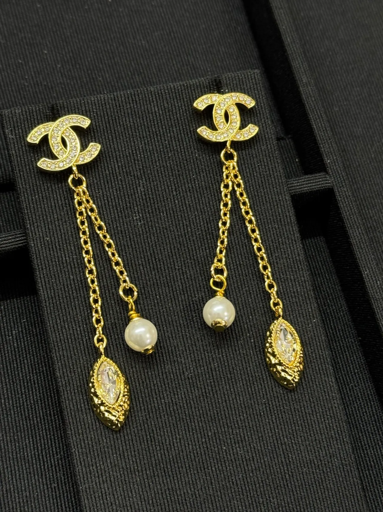 Chanel Gold White Interlocking CC Logo Dual Chain Drop Earrings 3