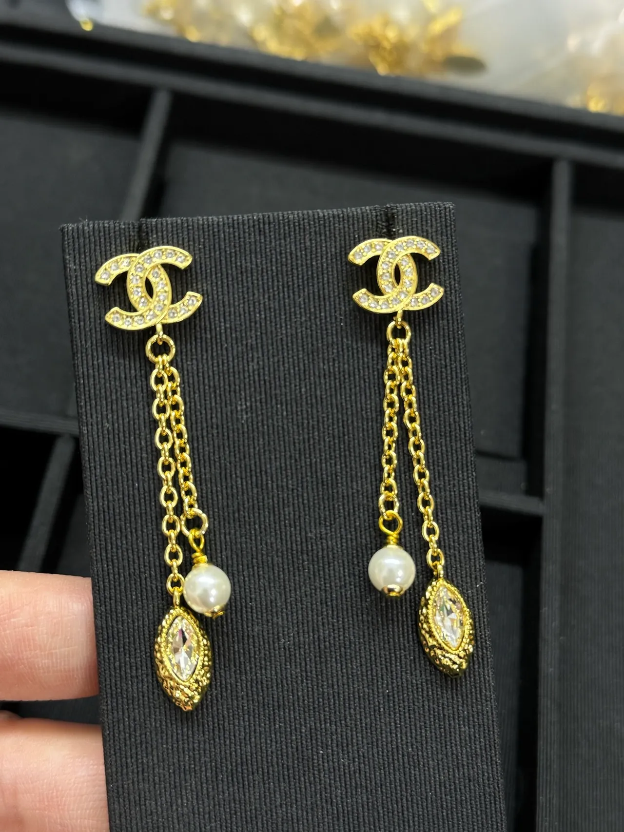 Chanel Gold White Interlocking CC Logo Dual Chain Drop Earrings 5