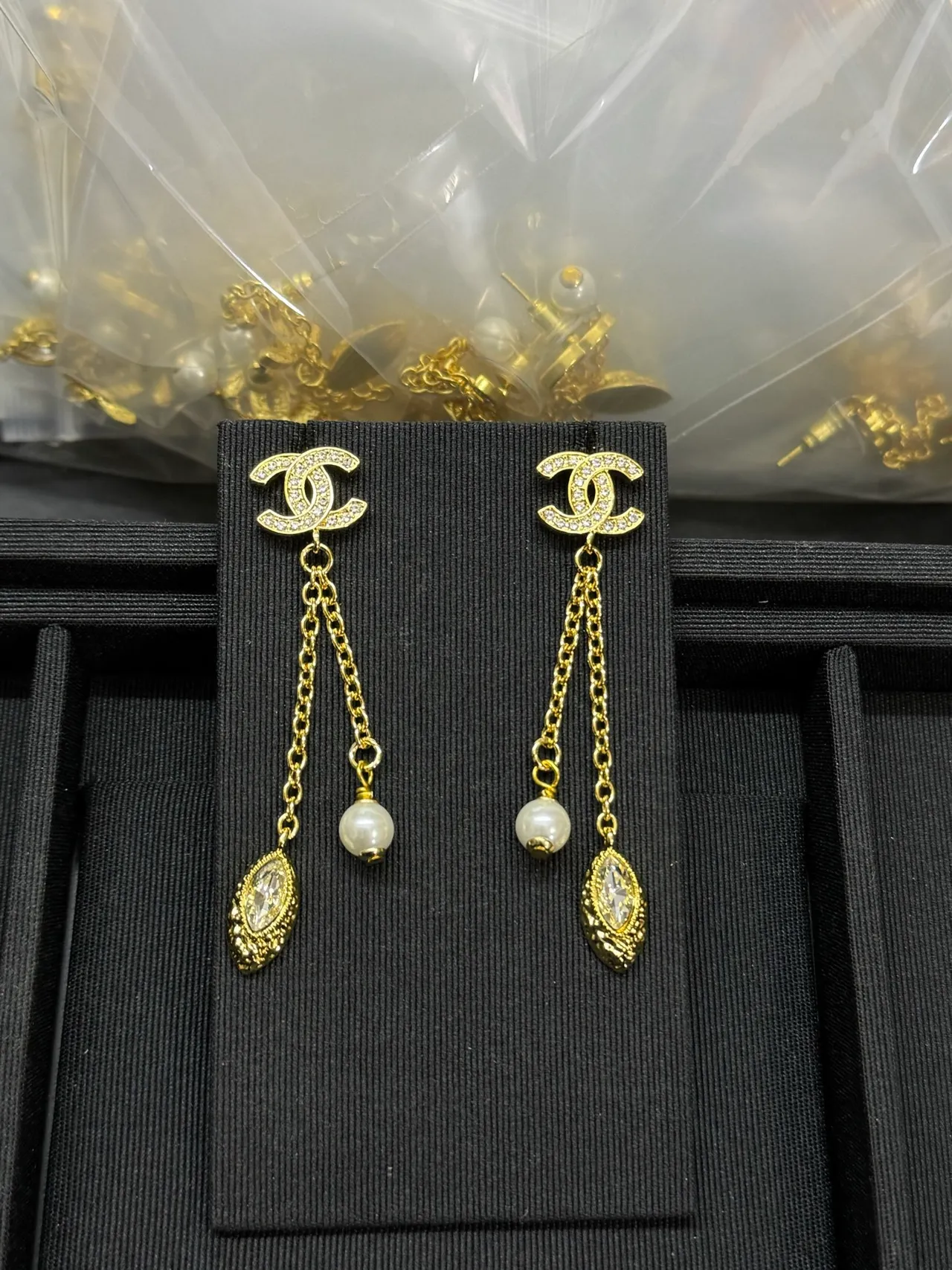 Chanel Gold White Interlocking CC Logo Dual Chain Drop Earrings 6