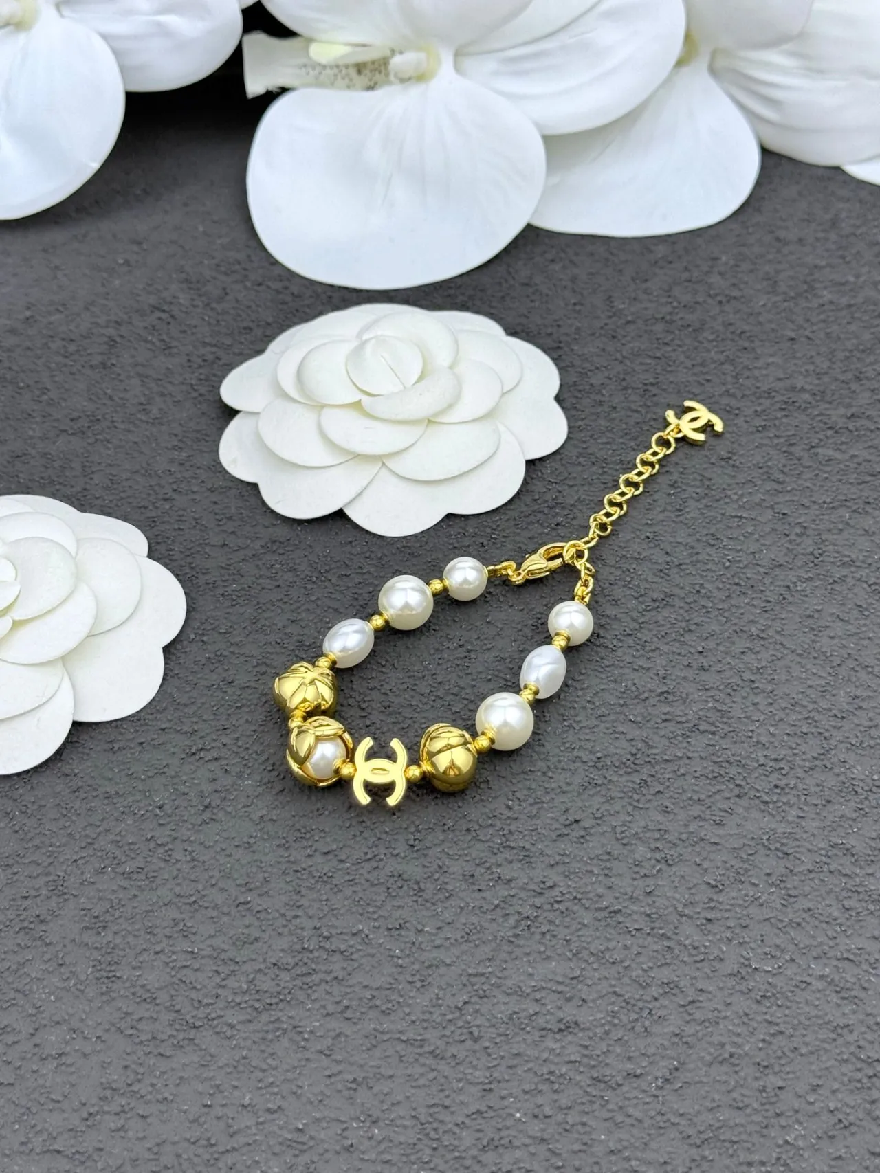 Chanel Gold White Metal Cultured Pearls Bracelet 2