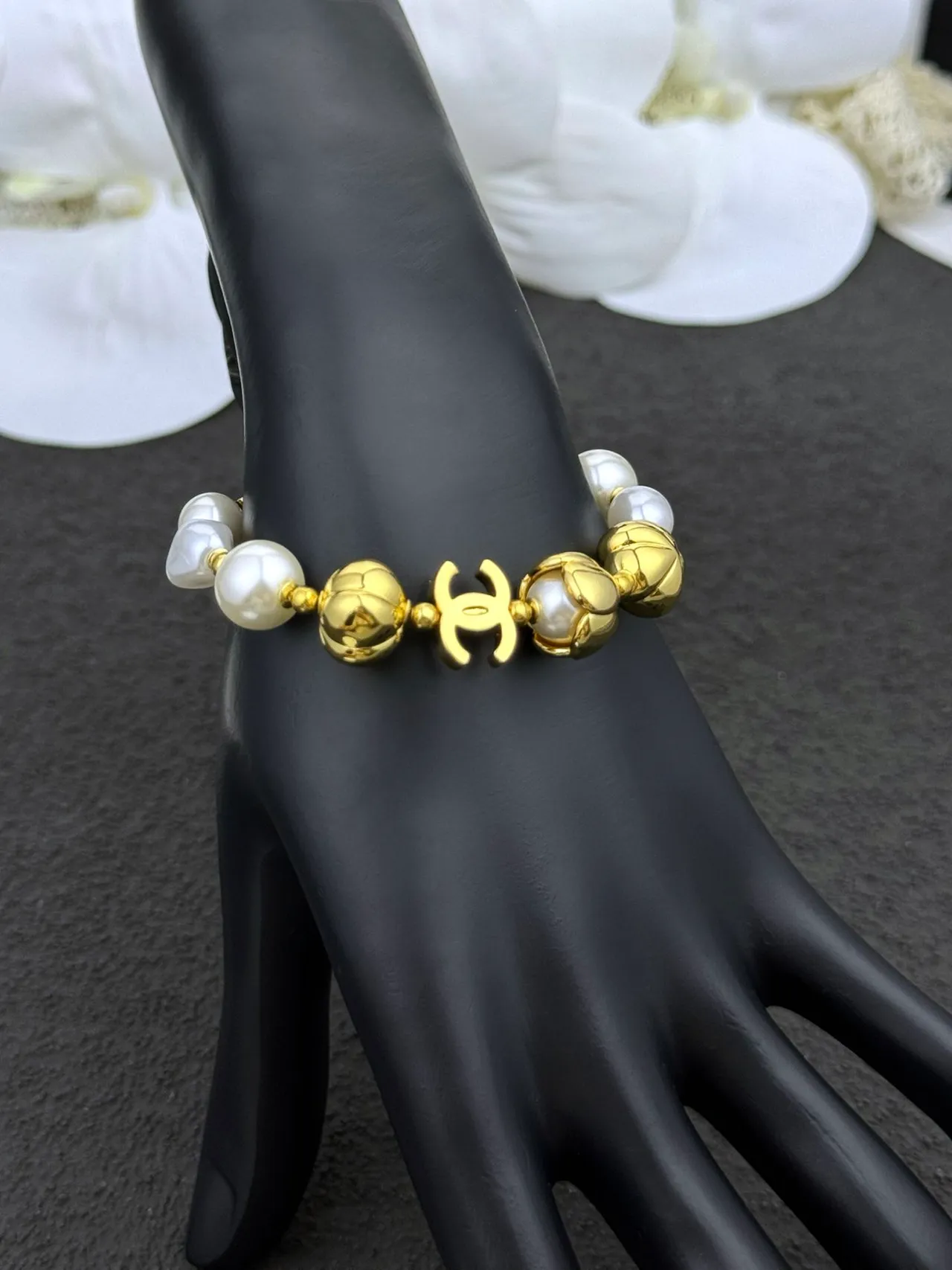 Chanel Gold White Metal Cultured Pearls Bracelet 3