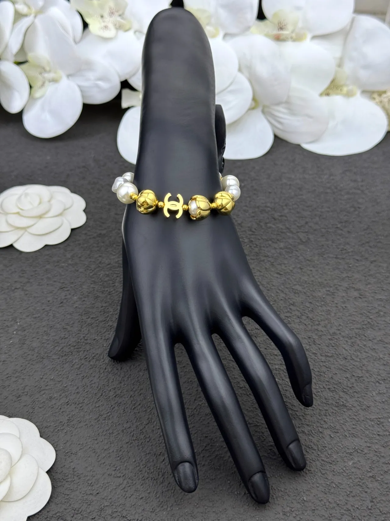 Chanel Gold White Metal Cultured Pearls Bracelet 4