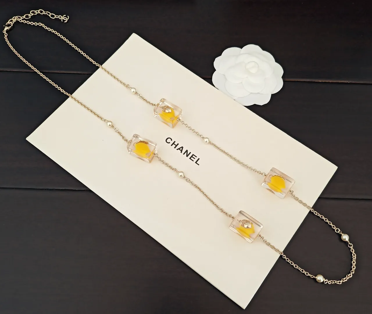 Chanel Gold Yellow Chain Transparent Resin Charms Necklace 2