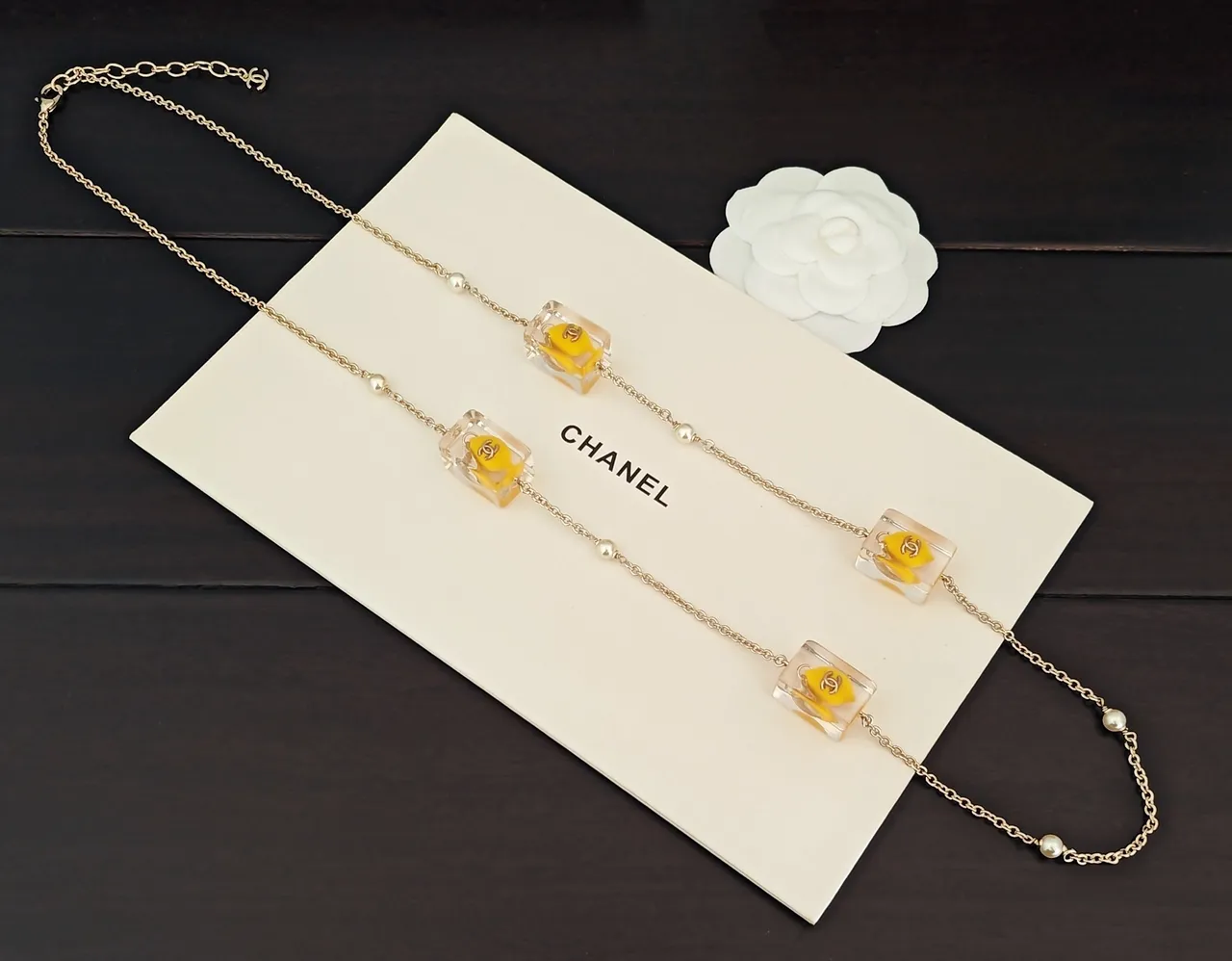 Chanel Gold Yellow Chain Transparent Resin Charms Necklace 3
