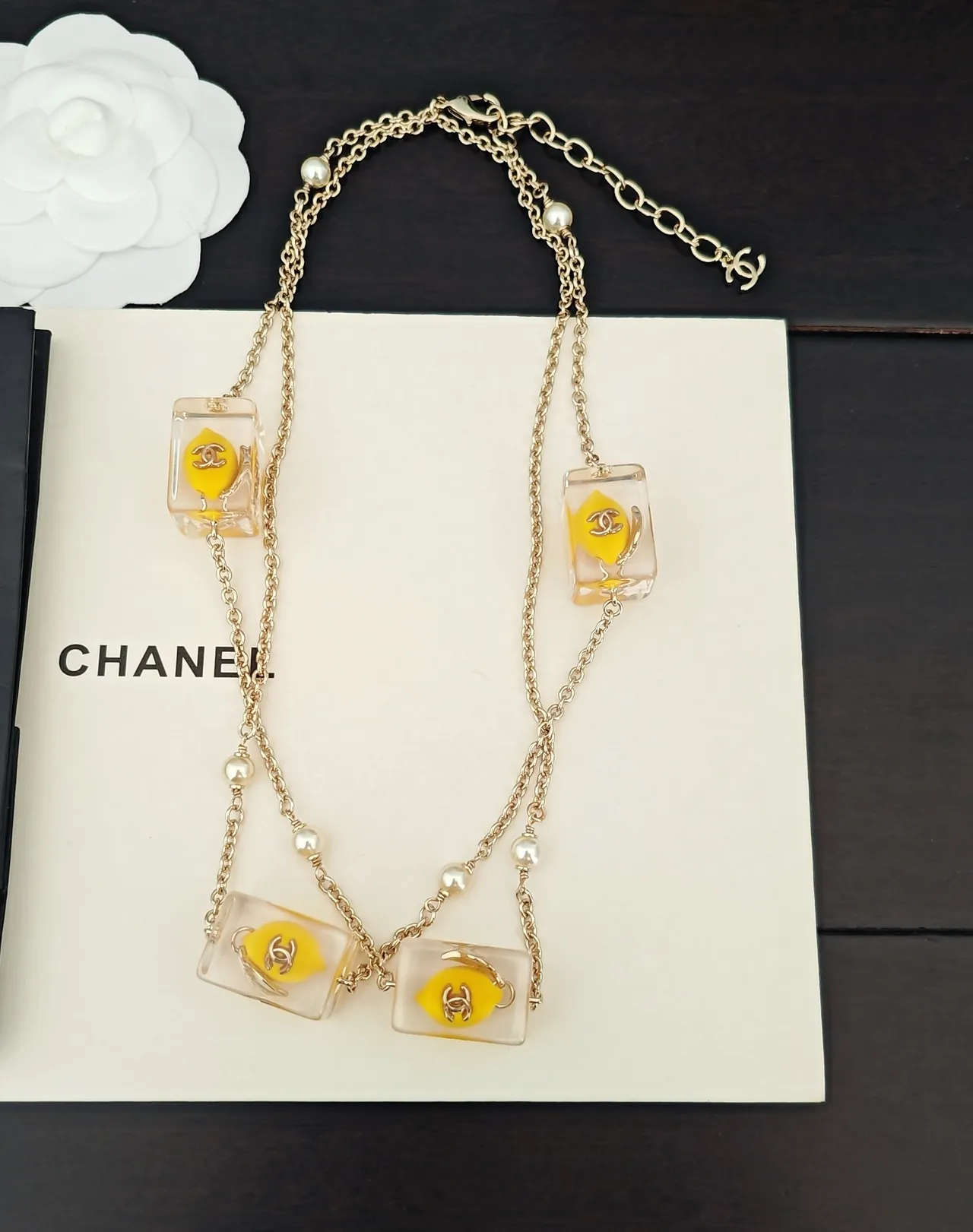 Chanel Gold Yellow Chain Transparent Resin Charms Necklace 4