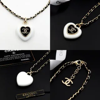 Chanel हृदय पेंडेंट सफेद काला एनामेल फिनिश नेकलेस