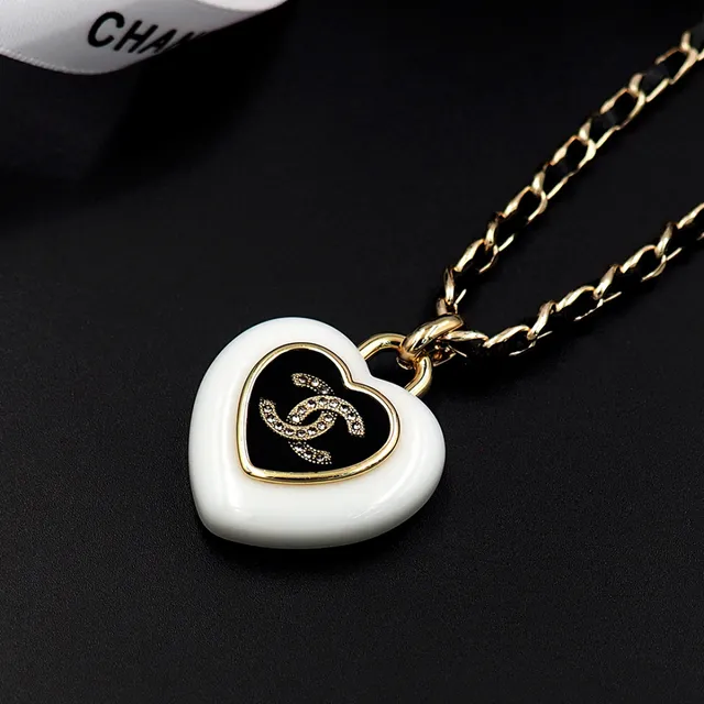 Chanel Heart Pendant White Black Enamel Finish Necklace 2