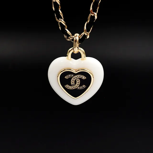 Chanel Heart Pendant White Black Enamel Finish Necklace 3