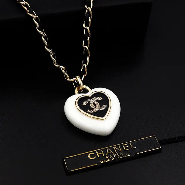 Chanel Heart Pendant White Black Enamel Finish Necklace 4