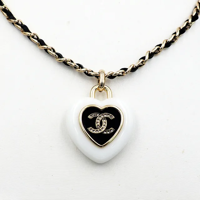 Chanel Heart Pendant White Black Enamel Finish Necklace 5