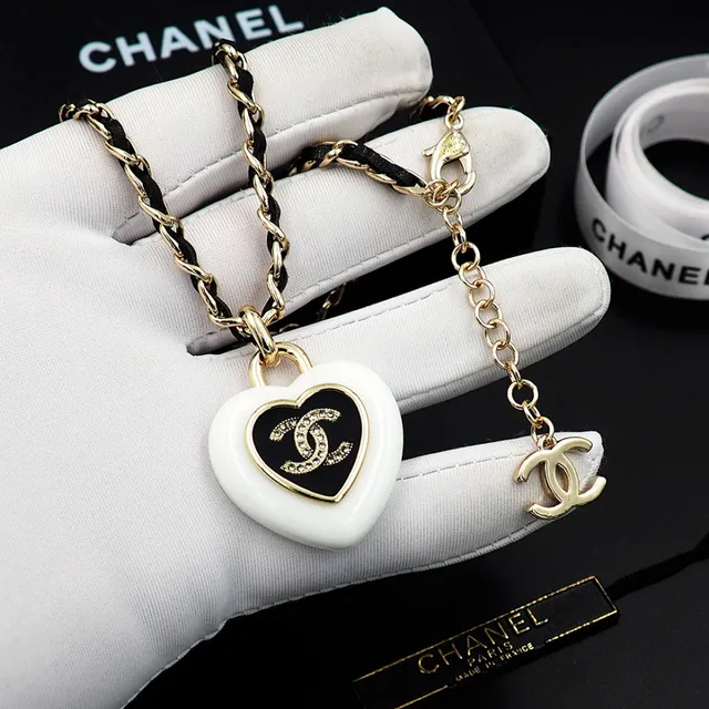 Chanel Heart Pendant White Black Enamel Finish Necklace 7