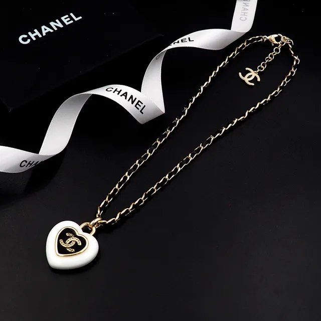Chanel Heart Pendant White Black Enamel Finish Necklace 8