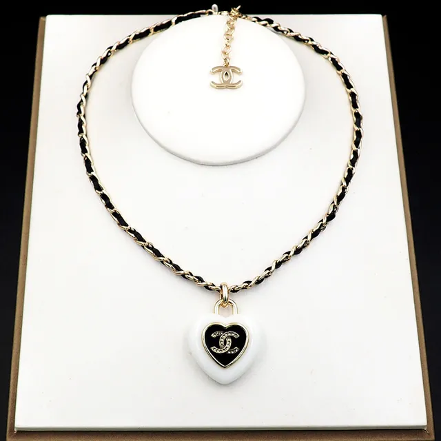Chanel Heart Pendant White Black Enamel Finish Necklace 9