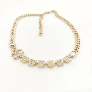 Chanel Logo Alphabet Gold White Curb Chain Pavé-Crystal CC Necklace