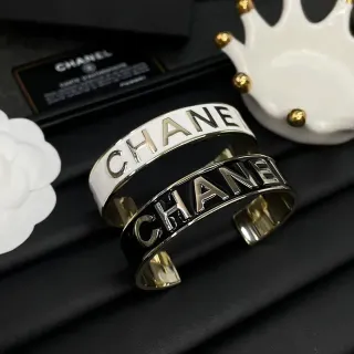 Chanel Logo Cuff Black White Enamel Raised Bracelet