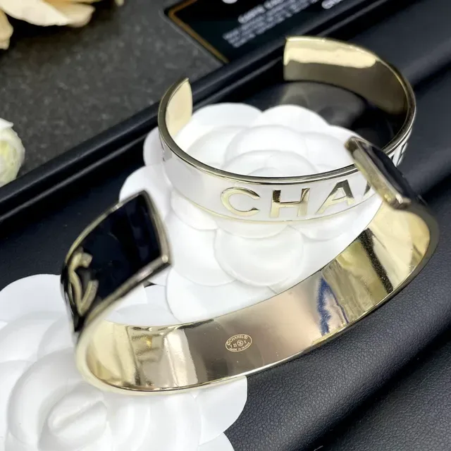 Chanel Logo Cuff Black White Enamel Raised Bracelet 4