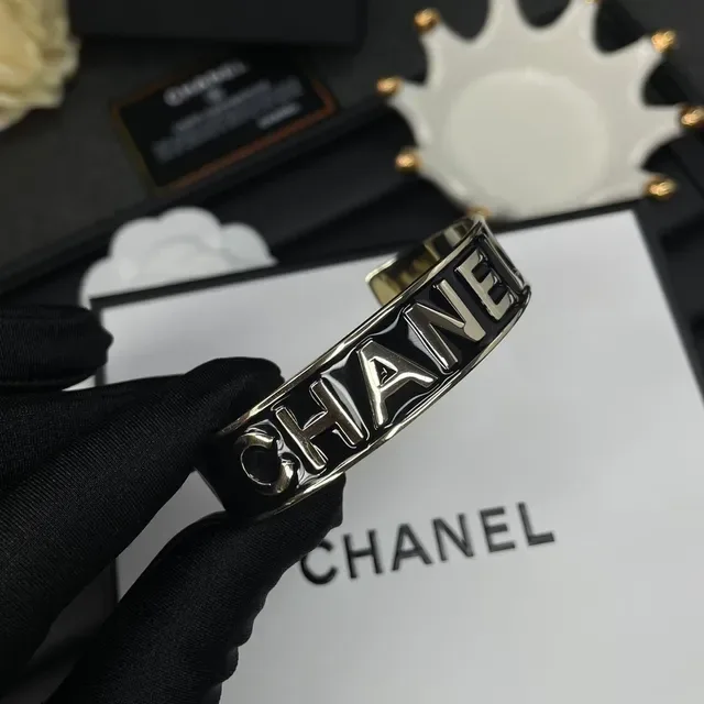Chanel Logo Cuff Black White Enamel Raised Bracelet 6