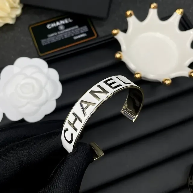 Chanel Logo Cuff Black White Enamel Raised Bracelet 7