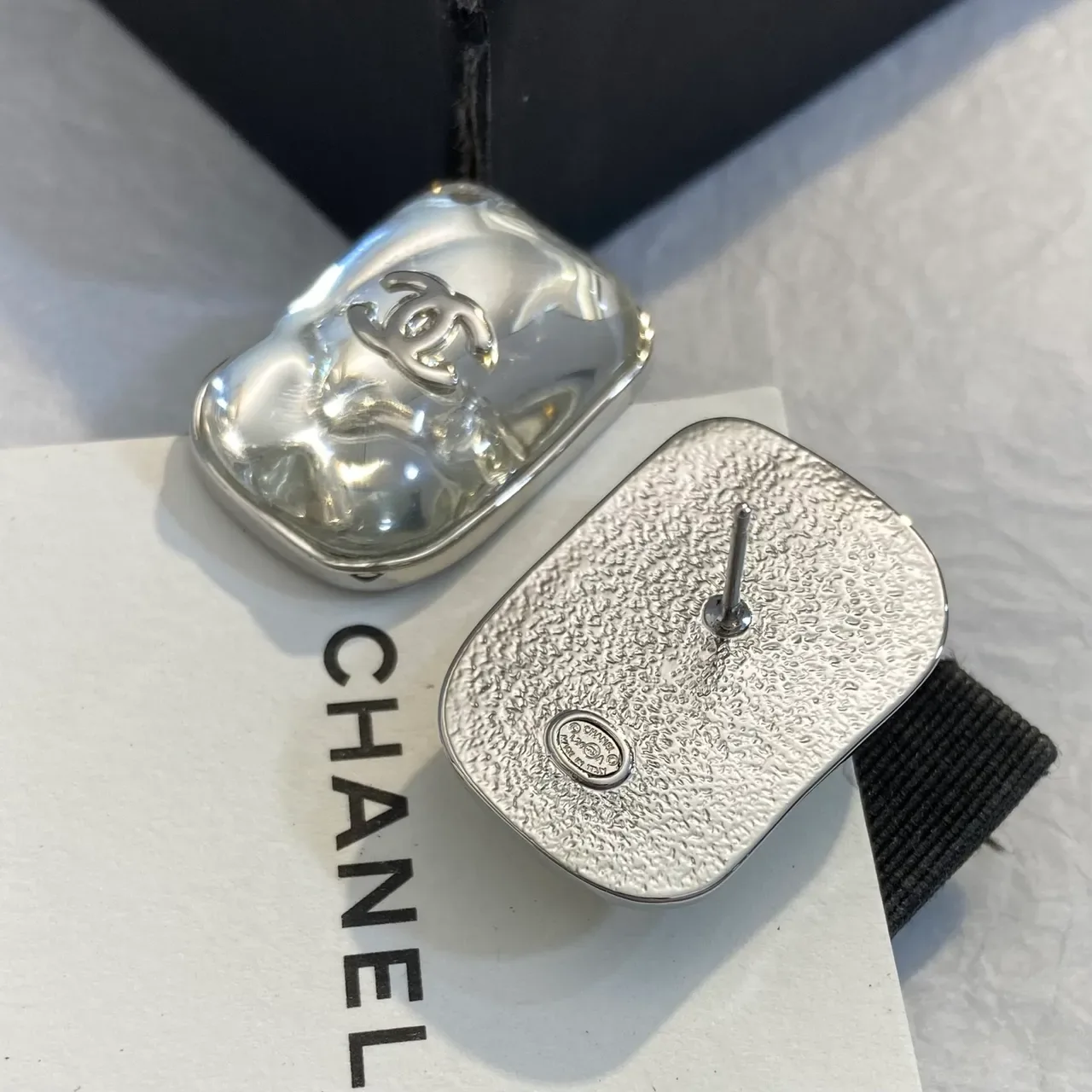 Chanel Melted Metal CC Logo Rectangular Stud Earrings 2
