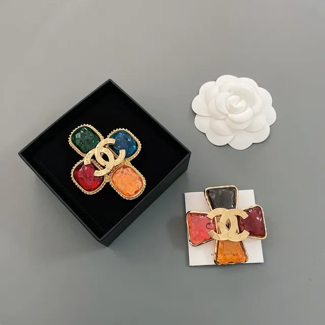 Chanel Multicolor Gold Cross-Shaped Resin Brooch 1