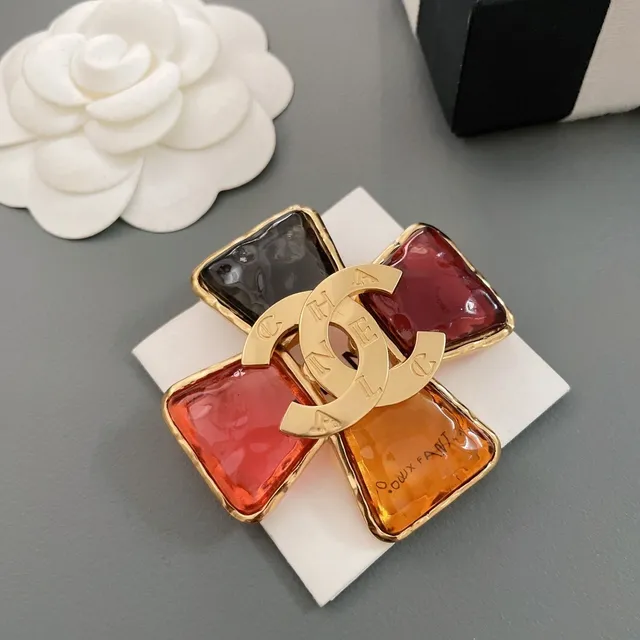 Chanel Multicolor Gold Cross-Shaped Resin Brooch 5