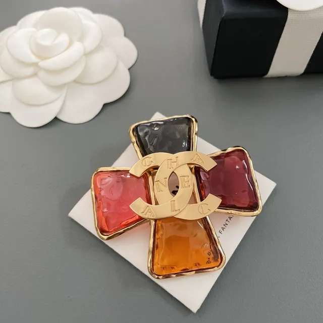 Chanel Multicolor Gold Cross-Shaped Resin Brooch 6