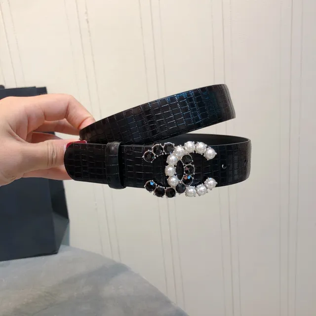 Chanel Pearl and Crystal CC Buckle Belt Black White Crocodile-Embossed Leather Belt 2