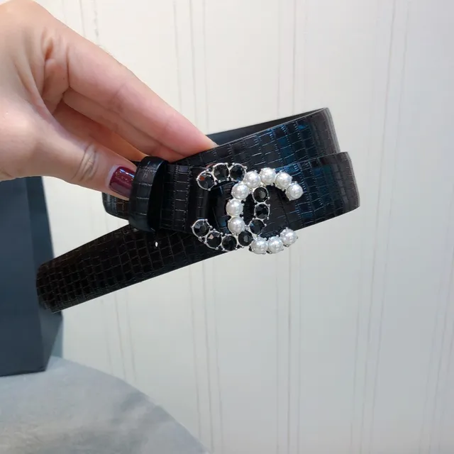 Chanel Pearl and Crystal CC Buckle Belt Black White Crocodile-Embossed Leather Belt 5