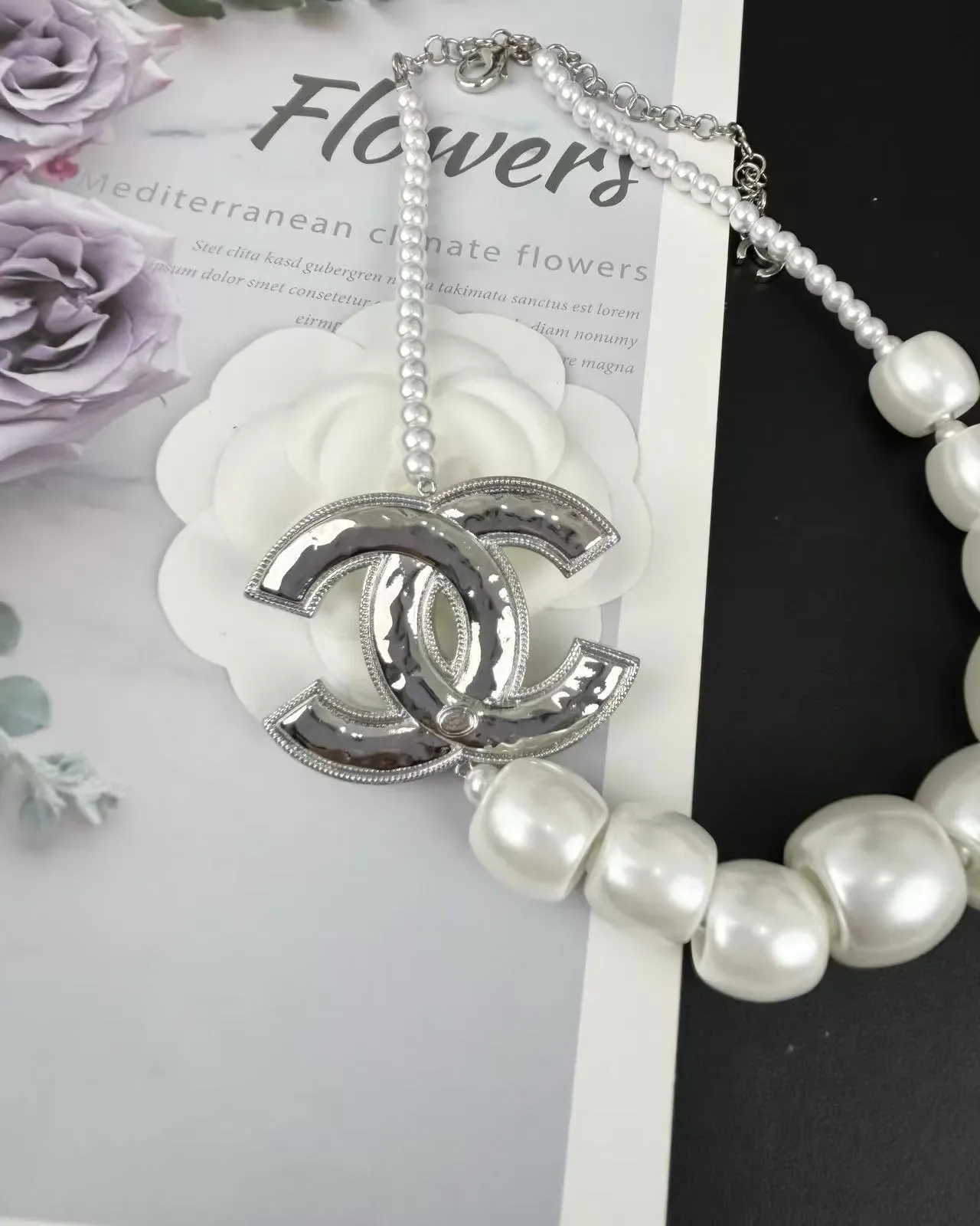 Chanel Pearl Beaded CC Logo Pendant Necklace 2