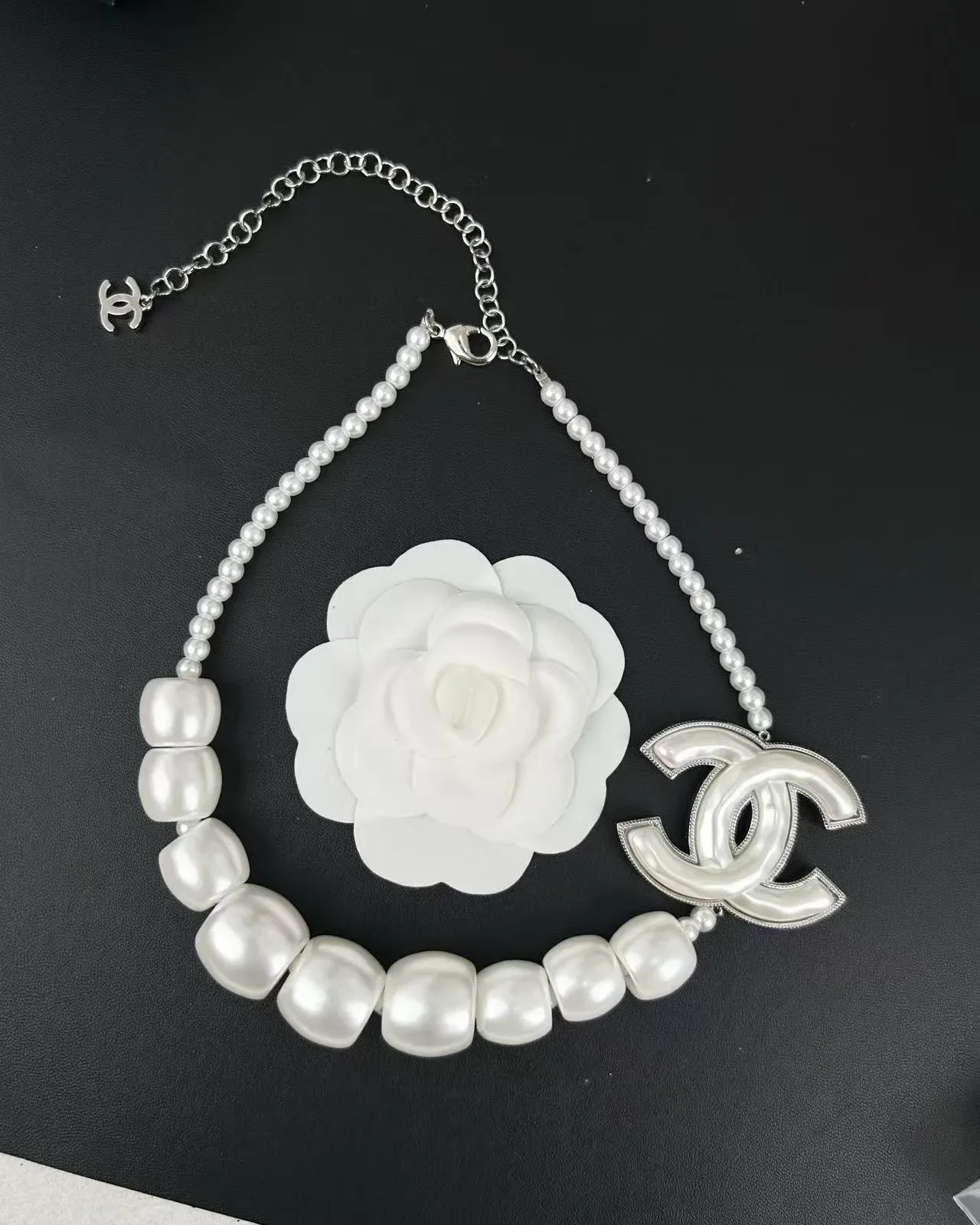 Chanel Pearl Beaded CC Logo Pendant Necklace 6