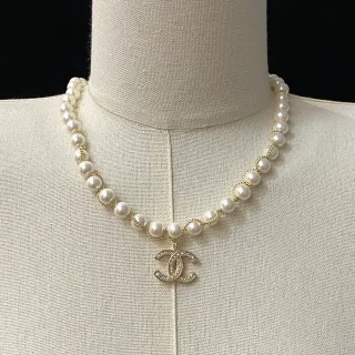 Chanel Pearl CC Necklace White Gold-Tone Crystal Pendant Necklace
