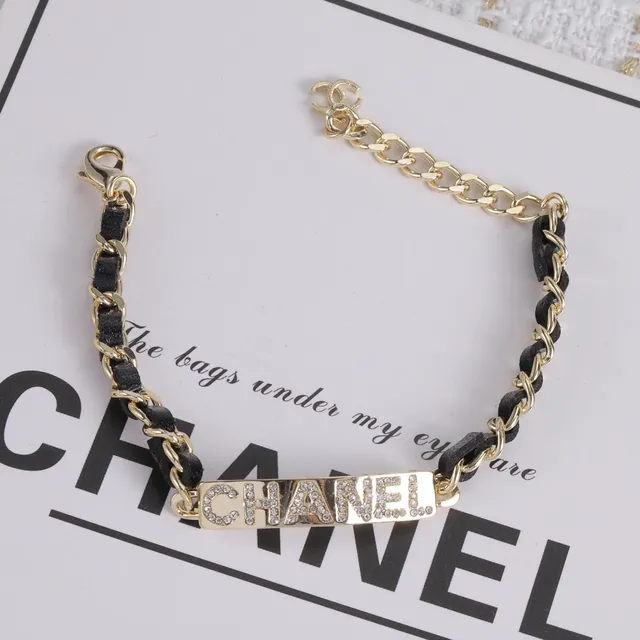 Chanel Plaque Bracelet Gold Black Twisted-Link Chain Leather-Wrapped Links Bracelet 2