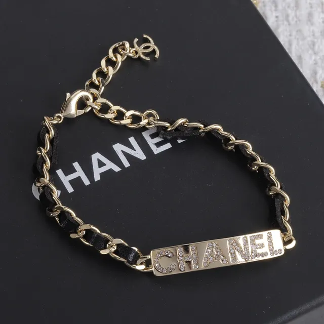 Chanel Plaque Bracelet Gold Black Twisted-Link Chain Leather-Wrapped Links Bracelet 3
