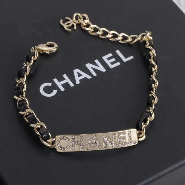 Chanel Plaque Bracelet Gold Black Twisted-Link Chain Leather-Wrapped Links Bracelet 4