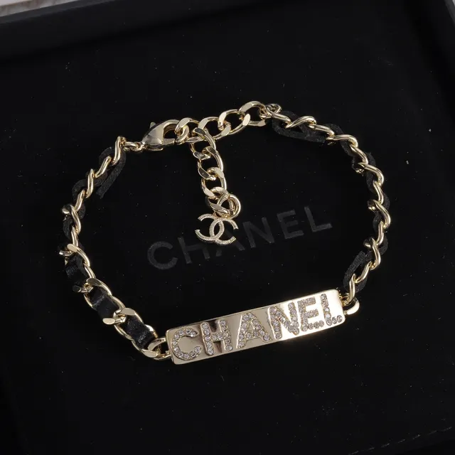 Chanel Plaque Bracelet Gold Black Twisted-Link Chain Leather-Wrapped Links Bracelet 5