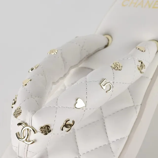 Chanel Quilted Metal-Studded White Thong Slippers 5