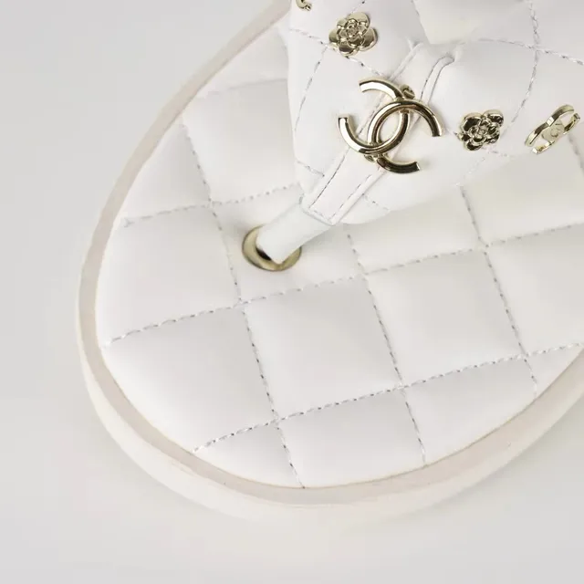 Chanel Quilted Metal-Studded White Thong Slippers 6